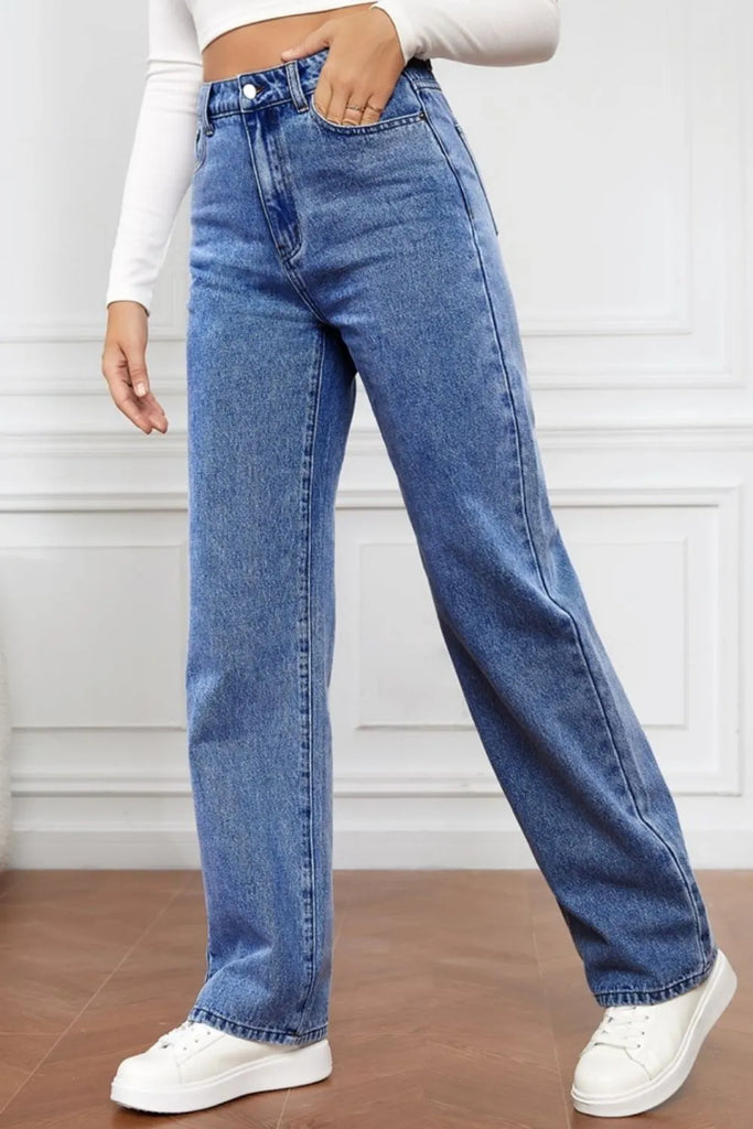 Washed denim fashionable straight leg pants long high waisted jeans pants for women